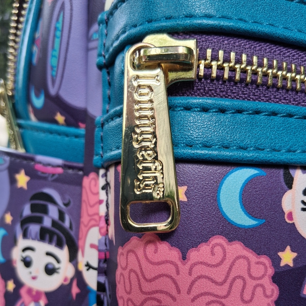 Loungefly Purple & Teal Character Print Backpack with Gold Hardware